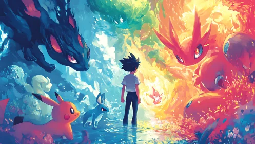 Symmetric elemental Pokémon standoff frames silhouetted trainer