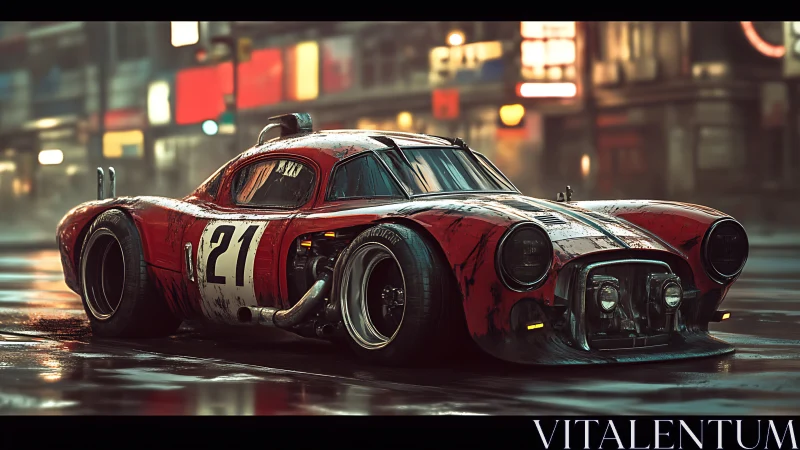 Red modified race car on wet city street at night period.