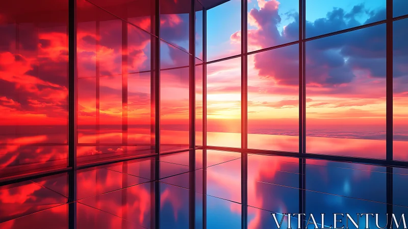 Glass-walled interior with reflective floor at vivid sunset.