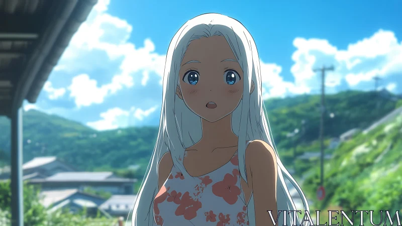 Summer hillside moment with silver-haired anime girl gazing.
