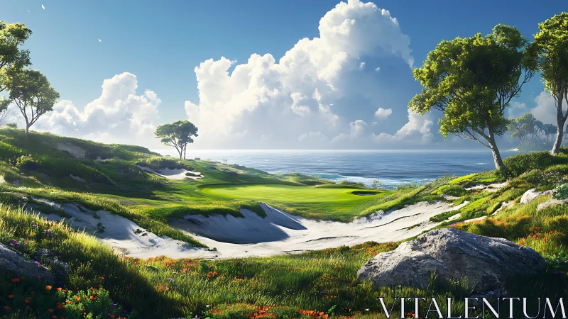 Coastal golf green amid dunes, trees and calm ocean horizon.