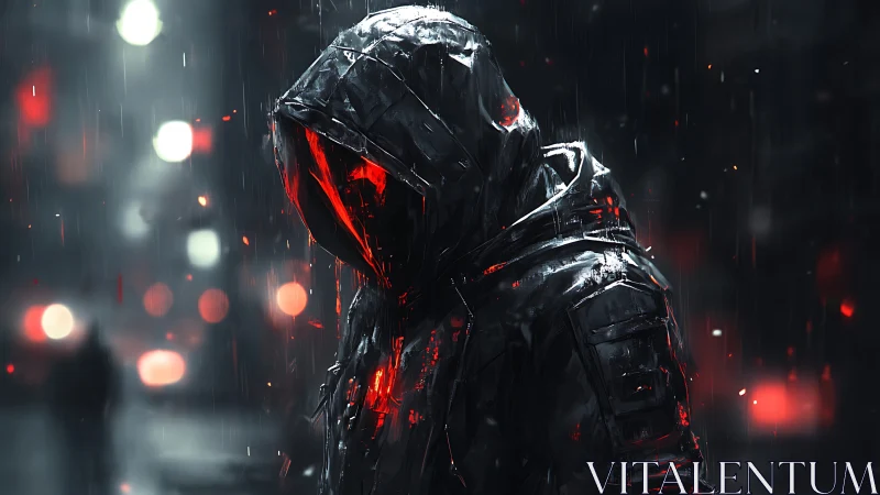 Hooded ember-walker stalks the neon rain-soaked city night