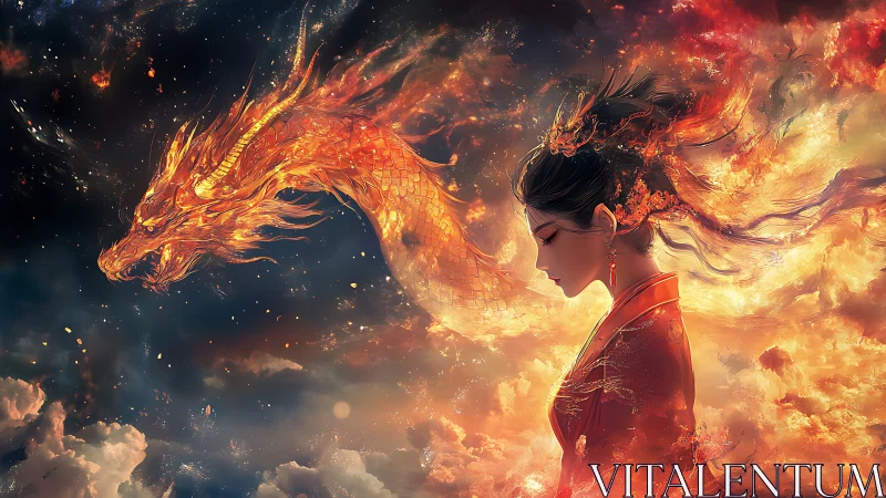 Flaming celestial dragon merges with meditative warrior woman