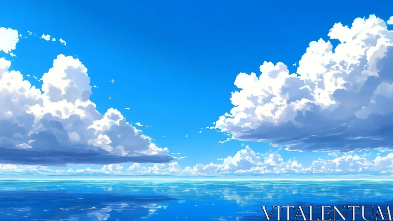 Bright cumulus clouds mirror across calm open ocean horizon