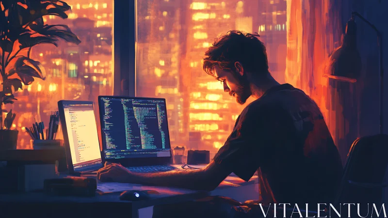 Night coder framed by neon cityscape glows in warm chiaroscuro