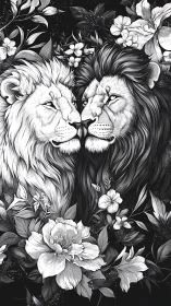 Monochrome twin lions with botanical framing in digital ink.