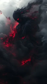 Shadow-like humanoid form with red energy in dark clouds.