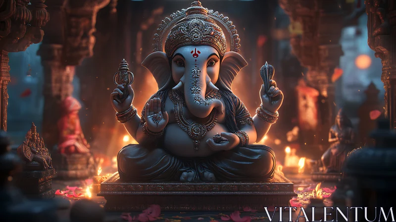 Serene Ganesha idol glowing softly in a candlelit temple.