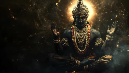 Divine blue deity in meditative pose with radiant halo.