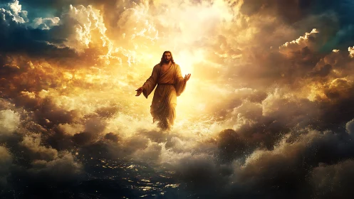 Figure in robe stands amid clouds and turbulent water