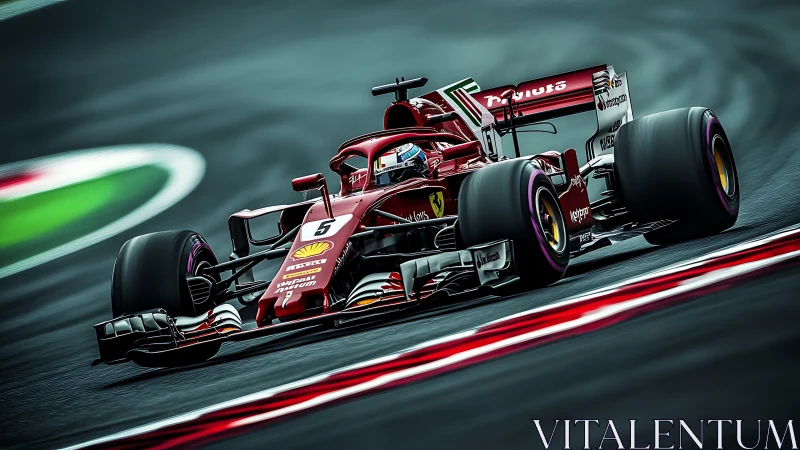 Scarlet racer carves neon curves through stormy asphalt blur