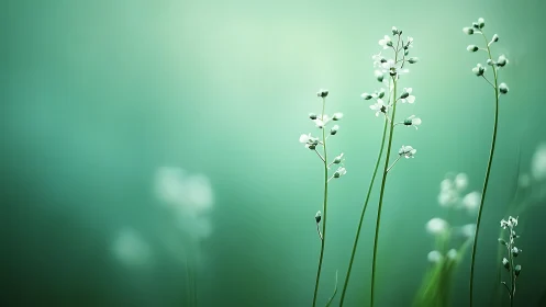 Delicate wildflower stems sway softly in a tranquil teal haze