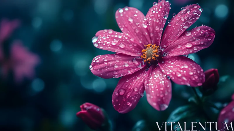 Pink cosmos flower with water droplets photographed in detail