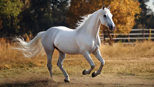 White horse moves at canter in dry paddock under sunlight