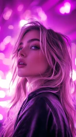 Neon lit portrait of young woman in purple glow background.