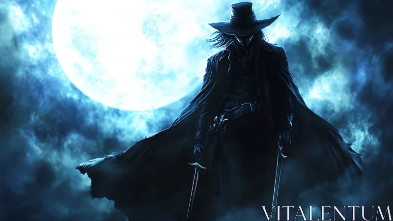 Moonlit gunslinger draped in swirling midnight shadows.