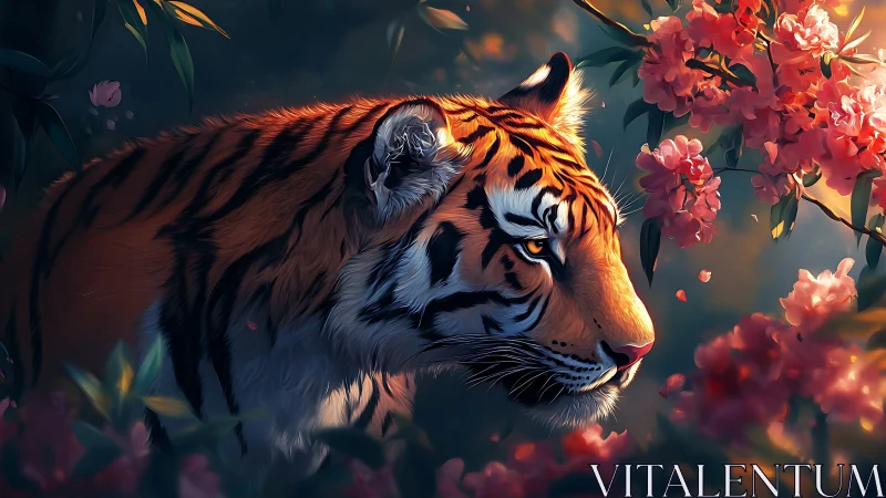 Golden light settles gently on a tiger among soft blossoms