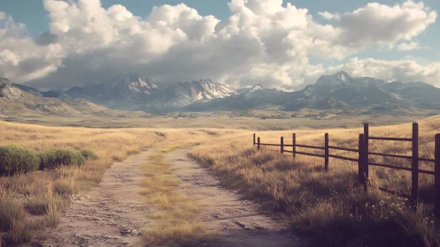 Dirt track across dry grassland toward distant mountains.