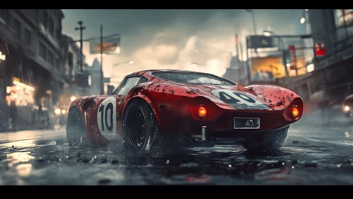 Roaring red race car glides through rain-soaked city streets