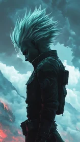 Profile portrait of teal-haired soldier against storm clouds