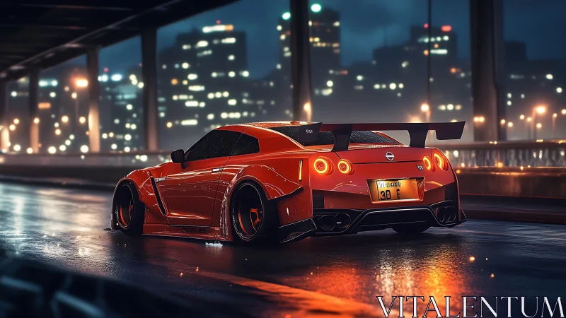 Red Nissan GT-R on wet city highway at night scene.