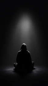 Hooded figure sits alone under a narrow beam of light.