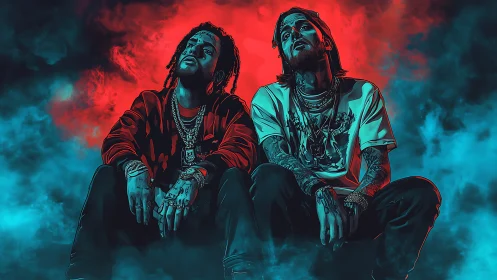 Smoke-draped rap duo under neon stormlight gaze.