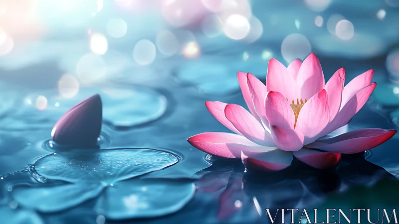 Luminous lotus drifting through dream-bright water hush.