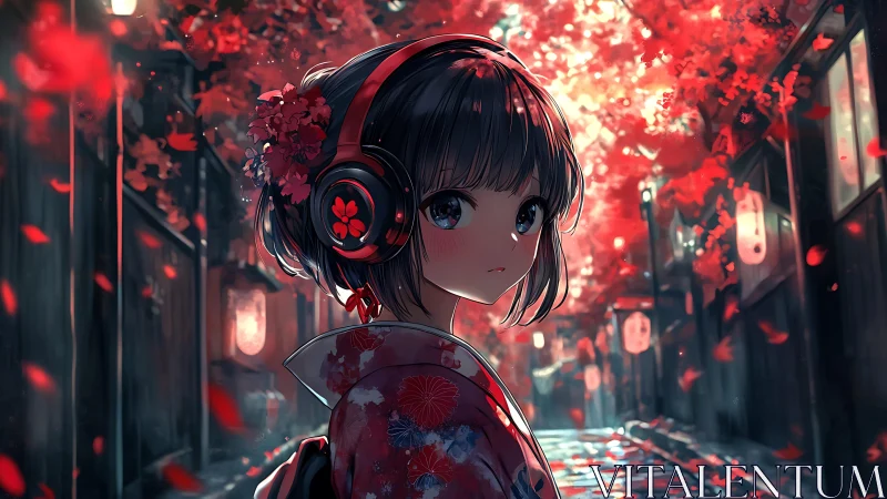 Anime girl in kimono with headphones under red leaves.