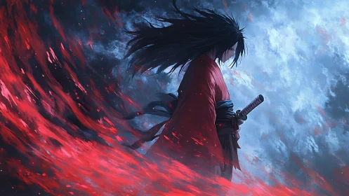 Side-lit samurai profile amid red energy arc and storm-swept sky