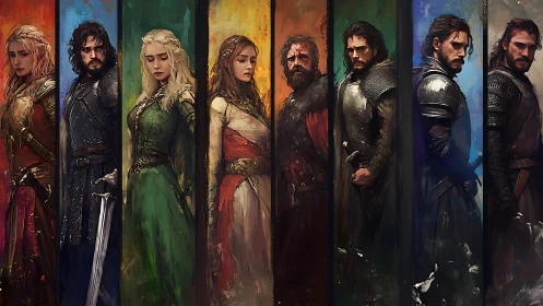 Medieval fantasy characters stand in vertical color panels