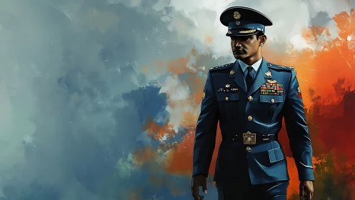 Proud military officer walks forward against bold colors