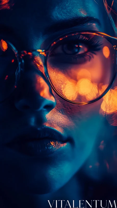 Neon-lit portrait isolates reflective glasses and cool skin.
