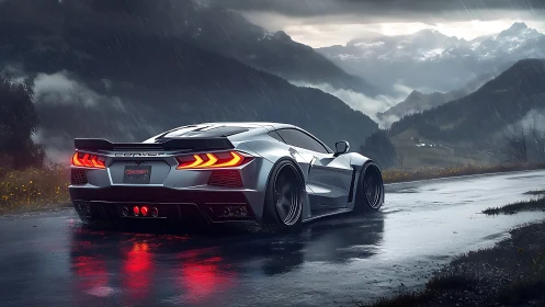 Silver supercar on wet mountain road under heavy rain.