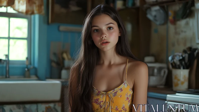 Young woman in vintage kitchen with soft window light.