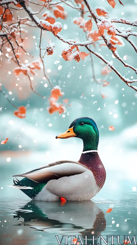 Gentle mallard rests on a quiet pond beneath snowy leaves