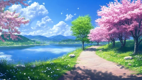 Cherry blossoms line lakeside path under bright blue sky