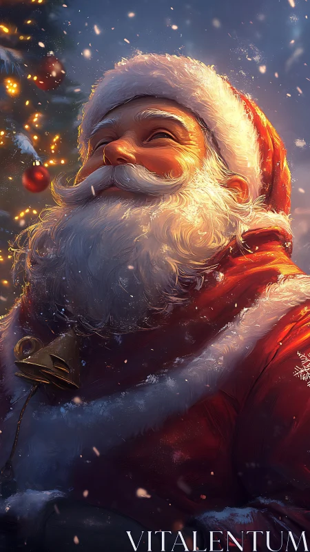 Snowlit Santa savoring twinkling Christmas magic glow.