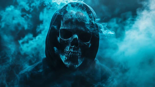 Hooded skull silhouette emerges through cyan volumetric smoke