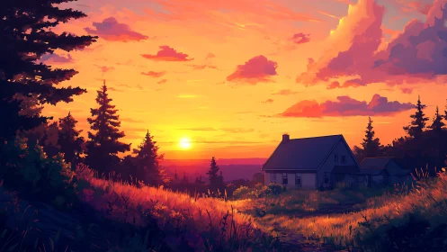 Rural hillside cottage under saturated sunset sky gradient
