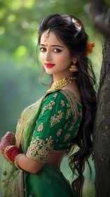 Portrait in green saree with ornate gold embroidery and soft bokeh
