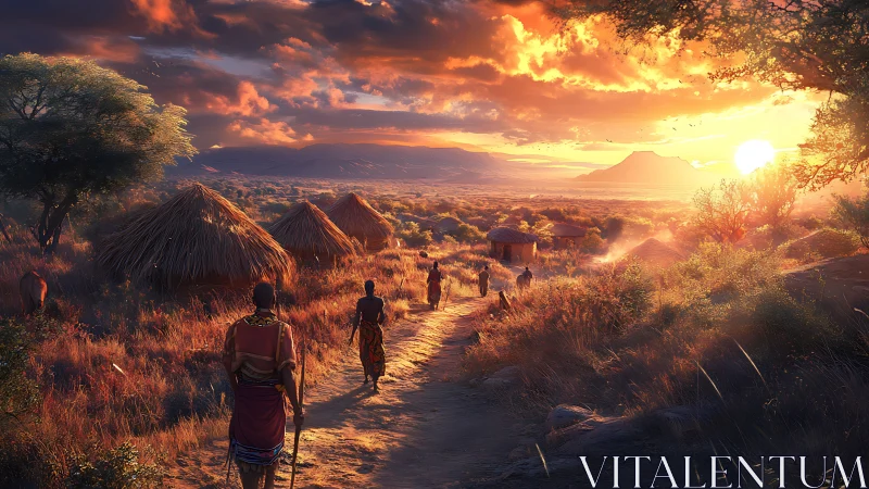 Warm village path glowing under a golden sunset sky.