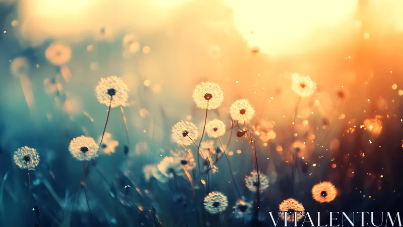 Dandelions Glowing in Sunset Light and Bokeh