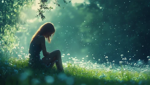 Solitary girl sits in glowing meadow under drifting seeds.