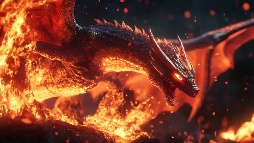 Photorealistic molten dragon in dynamic lava surge composition.