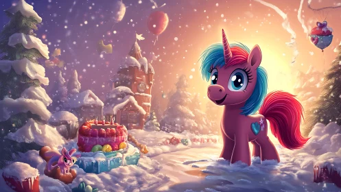 Snowy birthday wonderland with smiling candy-colored unicorn.