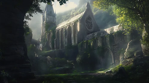 Sunlit ruins of a forgotten cathedral emerge from misty woods