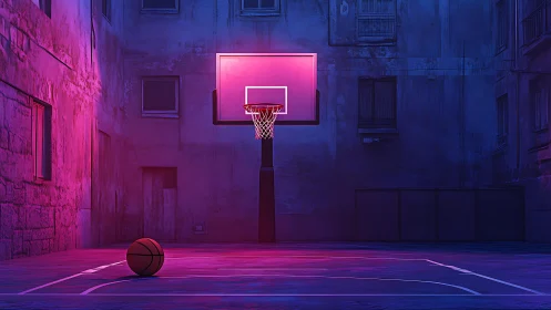 Neon court holds solitary basketball under moody night glow.