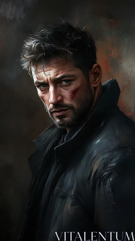 Cinematic oil portrait of scarred man in black tactical coat.