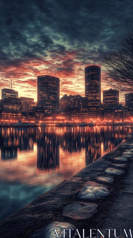 City waterfront skyline with high-rise towers at dusk.
